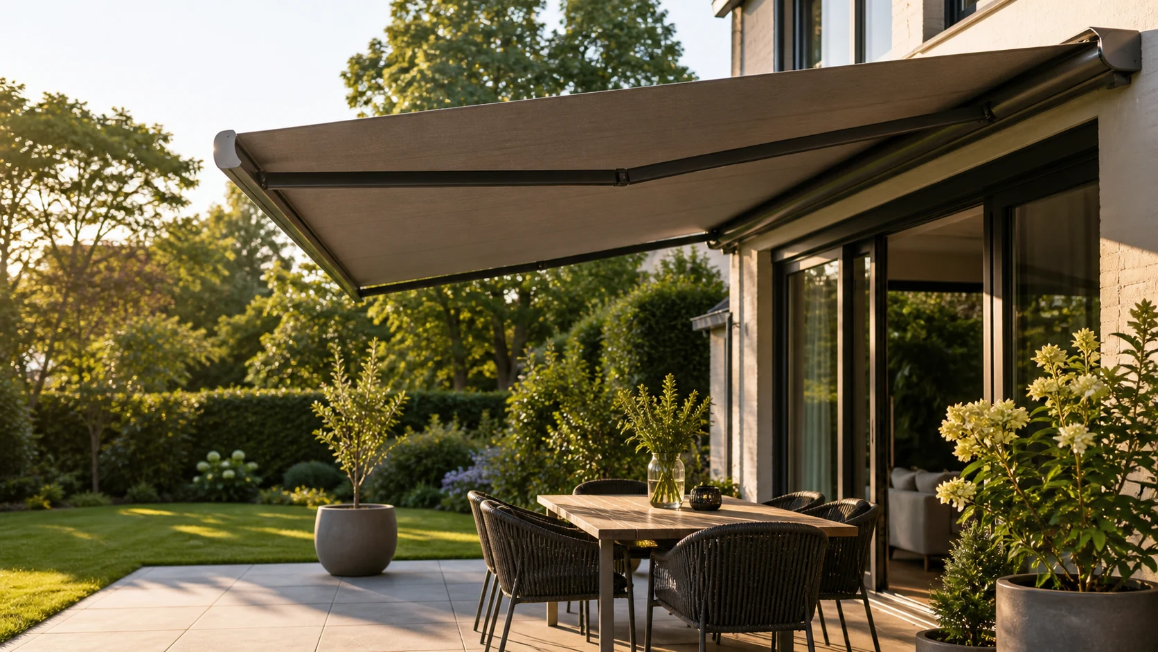 Knikarmscherm boven een terras van een moderne Nederlandse woning